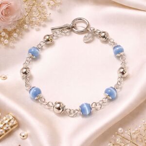 Cookie Lee Silver Tone and Blue Cats Eye Beaded Bracelet New With Tags